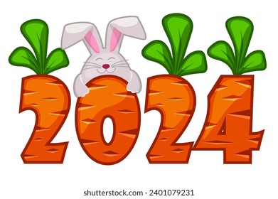 Carrot number 2024 and rabbit for greeting card. Easter s postcard