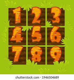 Carrot numbers in garden beds, cartoon figures for a game.
