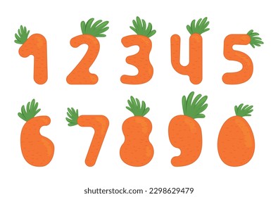Carrot numbers with green herbs bright orange font for childish counting learning vector flat illustration. Mathematic type vivid vitamin harvest vegetable root numeric cartoon text plant for school