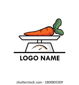 Carrot on scale logo vector for food and store. Icon for seller, suplier, farmer, healthy diet program, market center of vegan agriculture design illustration. Apply to web site, social media, UI App