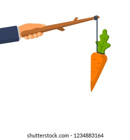 Carrot on a stick. Incentive concept. Business metaphor management and leadership. Big hand holds carrot. Motivate people. Vector illustration flat design. Isolated on white background.