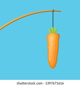 Carrot On A Stick Isolated On Blue Sky  Background. Vector Motivation Concept Illustration