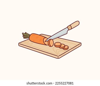 carrot on wooden cutting board. Hand drawn style vector design illustrations.