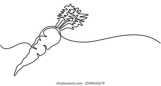Carrot in one continuous line drawing of vector illustration, Simple carrot in continuous one line art drawing icon isolated on white background vector illustration, Continuous one line drawing.