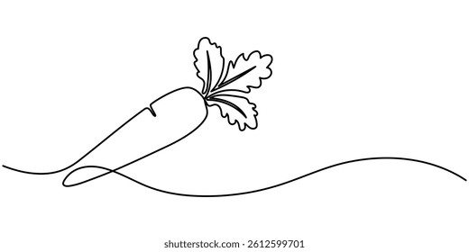 Carrot in one continuous line drawing of vector illustration, icon isolated on white background, Carrot in one continuous line drawing of vector illustration, Simple carrot in continuous one line art.