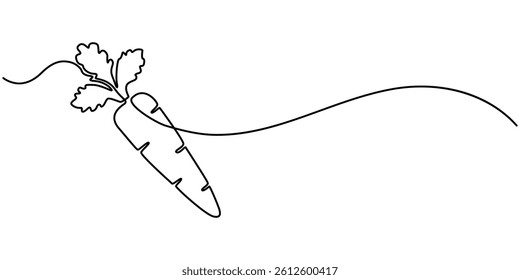 Carrot in one continuous line drawing of vector illustration, icon isolated on white background, Carrot in one continuous line drawing of vector illustration, Simple carrot in continuous one line art.