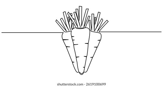 Carrot in one continuous line drawing of vector illustration, Carrot in one continuous line drawing of vector illustration, one line art drawing icon, Simple carrot in continuous one line art.