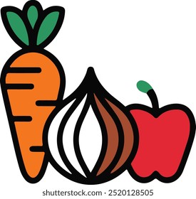 uma cenoura, uma cebola e um logotipo de pimenta de sino ilustração vetorial