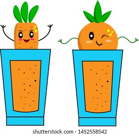 carrot and orange juice in glasses cartoon characters for design concept of healthy lifestyle bright drinks