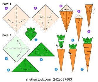 Carrot origami scheme tutorial moving model. Origami for kids. Step by step how to make vegetable. Vector illustration.