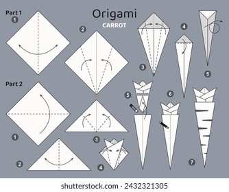 Zanahoria esquema de origami tutorial modelo en movimiento. Origami para niños. Paso a paso cómo hacer verduras. Ilustración vectorial.