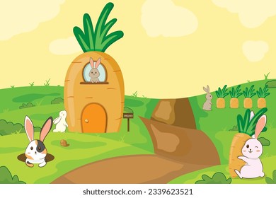 Carrot Patch Bunny vector illustration Cartoon landscape with cute bunnies living in a carrot house. Village vector background, cute rabbit. Illustration of Houses Designed as a carrot.