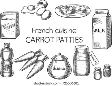 Parcelas de Zanahorias.Vector conceptual creativo. Esbozar ilustración de la receta de comida francesa, grabado, tinta, arte de línea, vector.