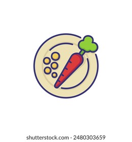 Icône carotte et pois sur la plaque. Cuisine végétarienne, salade, régime. Concept de restaurant.  Illustration vectorielle peut être utilisée pour des sujets comme la nourriture, la saine alimentation, le menu