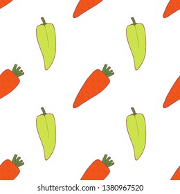 Carrot and pepper seamless pattern for wallpaper design. Fresh ripe color food. Organic healthy vegetable.  Raw, vegan, vegetarian food. Cartoon pattern on white backdrop. Vector doodle design. 