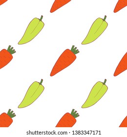 Carrot and pepper seamless pattern for wallpaper design. Fresh ripe color food. Organic healthy vegetable.  Raw, vegan, vegetarian food. Cartoon pattern on white backdrop. Vector doodle design. 
