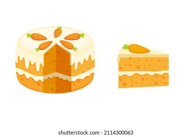 Carrot pie whole and piece vector illustration in a cartoon flat style isolted on white background.