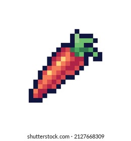 Carrot pixel art icon. Orange root crop logo. 8-bit sprite. Game development, mobile app.  Isolated vector illustration