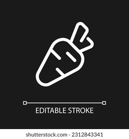 Carrot pixel perfect white linear ui icon for dark theme. Healthy product. Nutritious vegetable. Vector line pictogram. Isolated user interface symbol for night mode. Editable stroke. Arial font used