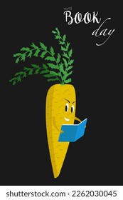 Carrot plant reads a book, children's illustration on the theme of International Book Day, book day card on a black background, flat-style image