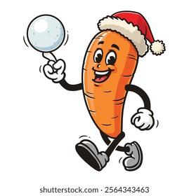 Carrot playing snowballs and wearing a christmas hat,  Cartoon Character Mascot Illustration Vector Clip-art Hand-drawn Logo Design