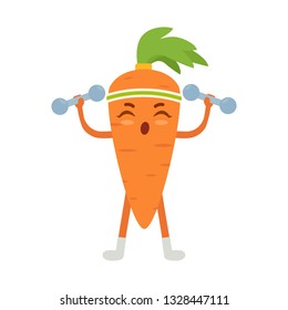 Carrot playing sports, lift dumbbells, cute cartoon character. Fitness vegetable. Isolated vector illustration