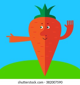 Carrot  pointing direction. Flat style vector illustration . Funny cartoon character