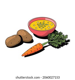 Carrot potato soup. Vector 3d sketch line isometric style, color icon illustration. Creative design idea and infographics elements.