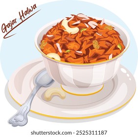 Carrot Pudding Or Gajar Halwa in Ceramic Bowl with Spoon and Plate. Garnished with Almonds, Cashews, Raisins and Pistachios. Authentic Indian and Pakistani Cuisine 