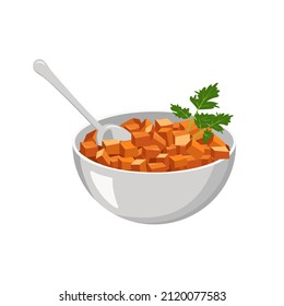 Carrot or pumpkin salad diced with parsley leaves in bowl and with spoon. Cooking delicious healthy food. Vector flat illustration