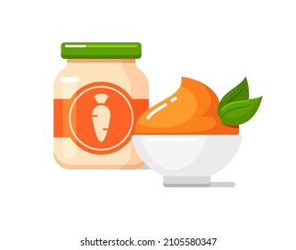 Carrot puree in baby food jar with label and white bowl. Kids nutrition icon. Vector colorful flat illustration isolated on white background