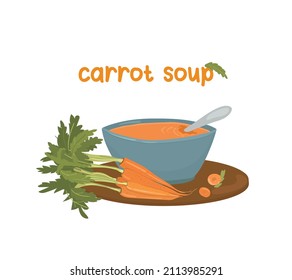 Carrot puree soup in a blue plate. Fresh vegetable soup. Illustration for menus, advertisements, websites.

