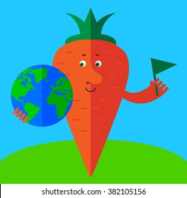 Carrot  putting flag mark the globe. Flat style vector illustration . Funny cartoon character