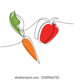 Carrot red bell pepper vector. Line continuous hand drawn illustration. Vegetable outline icon. Garden plant. Minimal linear silhouette. Graphic design, print, banner, card, brochure, sign, doodle.