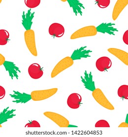 carrot and red tomato seamless pattern. Organic vegetarian food. Used for design surfaces, fabrics, textiles, packaging paper