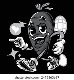 Carrot Retro Cartoon in Black and White Illustration