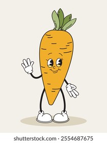 Carrot retro character. Fictional character for cartoons. Toy and mascot. Natural and fresh vegetable. Groovy and funky person. Flat vector illustration isolated on beige background