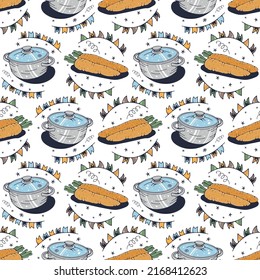 Zanahoria y Saucepan. Patrón sin brillo en un fondo blanco. Ilustración vectorial de corte.