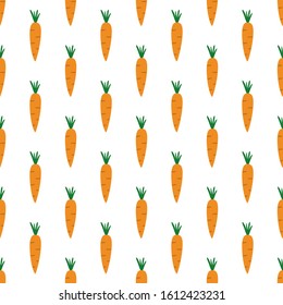 Carrot seamless hand drawn vector pattern illustration. Bright orange carrot kitchen textile, fabric, wrapping paper design template. Food, fruit, vegetable background. Vector EPS 10. 