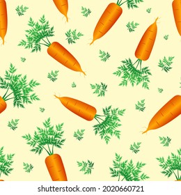 Carrot seamless pattern. Carrots and leaves on a light yellow background. Vector 3d pattern.