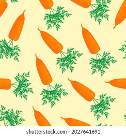 Carrot seamless pattern. Carrots and leaves on a light yellow background. Vector flat pattern.