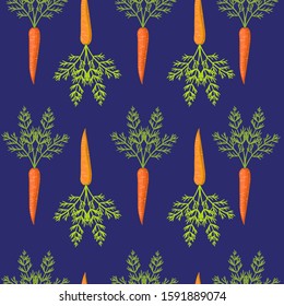 Carrot seamless pattern. Carrots on a blue background. Vector graphics.