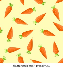 Carrot seamless pattern. Cartoon orange vegetable on yellow background. Simple flat food illustration.