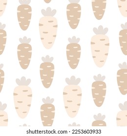 carrot seamless pattern, cartoon vegetable in pastel colors, easter wallpaper, simple design for textile, print fabric, vector illustration on white background, flat style, print for kids