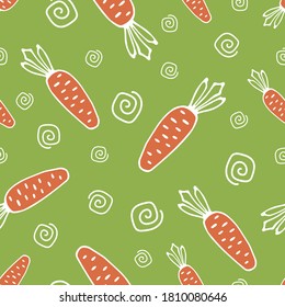 motif harmonieux de carotte, joli arrière-plan vectoriel., texture tendance pour l'impression, la mode, le textile, le tissu, la décoration, l'emballage. étiquette pour bébé pour jus de carotte, motif d'impression pour enfants