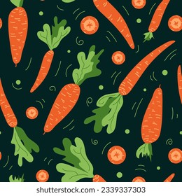 Carrot seamless pattern. Cute childish drawing. orange vegetables. Healthy lifestyle, proper nutrition, harvesting, veganism. Wallpaper, printing on fabric, wrapping, background