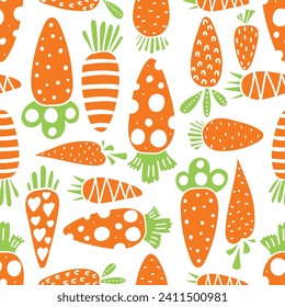 Carrot seamless pattern for Easter. Carrots and orange polka dots. Endless pattern can be used for ceramic tile, wallpaper, linoleum, textile, web page background