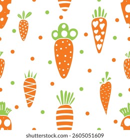 Carrot seamless pattern for Easter. Carrots and polka dots. Endless pattern can be used for ceramic tile, wallpaper, linoleum, textile, web page background