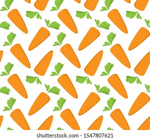 Carrot Seamless Pattern with flat orange vegetable, cartoon food illustration. Trendy background ornament. Cute print for menu, wallpaper, 100% vegan or vegetarian, textile design, easter, eco bag