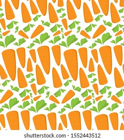Carrot Seamless Pattern with flat orange vegetable, cartoon food illustration. Trendy background ornament. Cute print for menu, wallpaper, 100% vegan or vegetarian, textile design, easter, eco bag